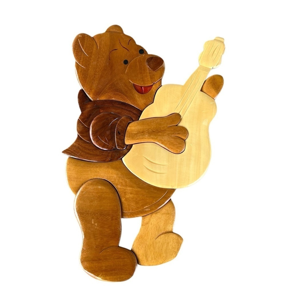 Vintage Winnie The Pooh Wooden Wall Plaque Art Guitar Playing Lacquered 15” GUC